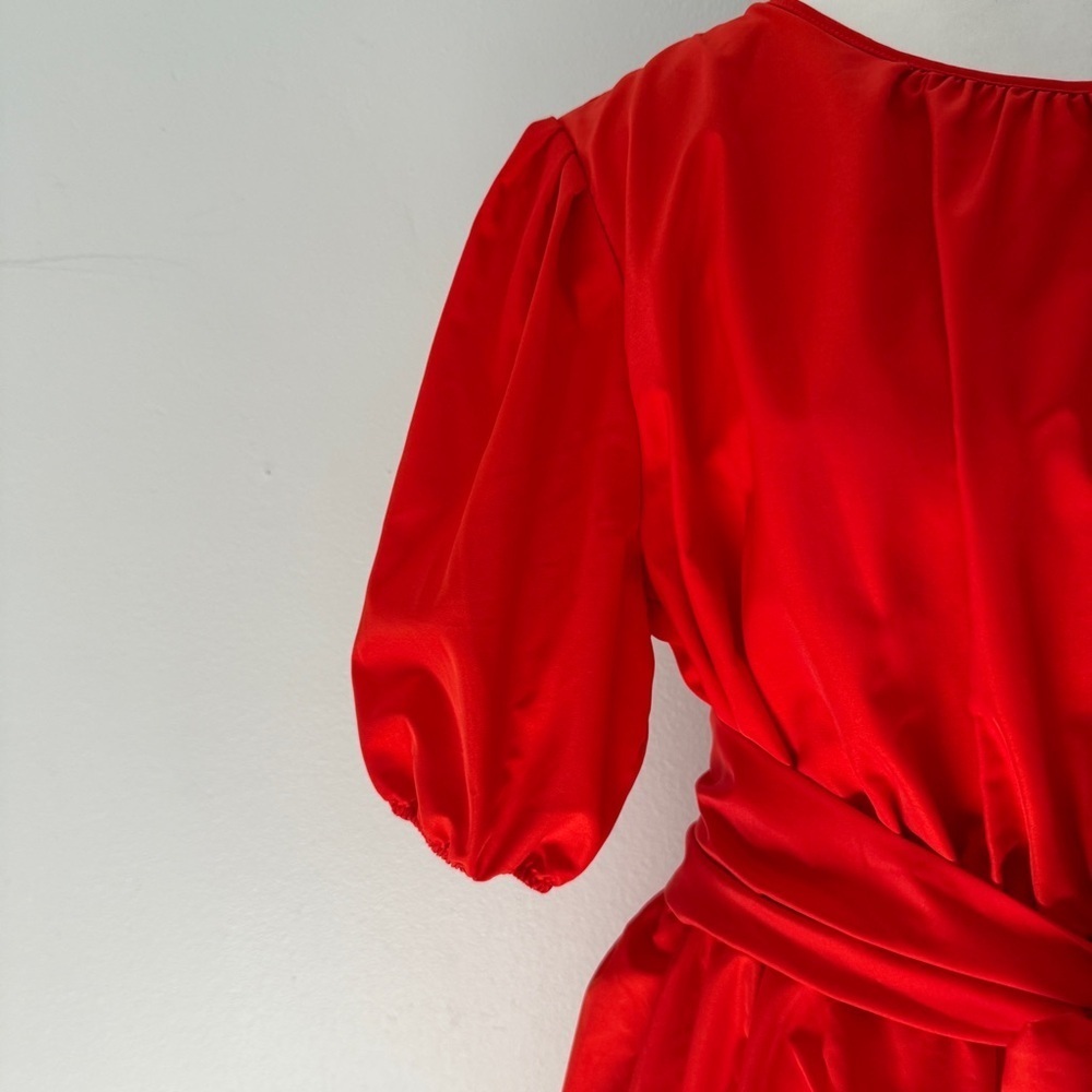 LDT Red Dress Connie Front Tie Short Sleeve Blouson Midi Dress 12 - Picture 6 of 16